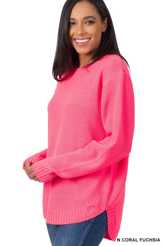 HI-LOW LONG SLEEVE ROUND NECK SWEATER