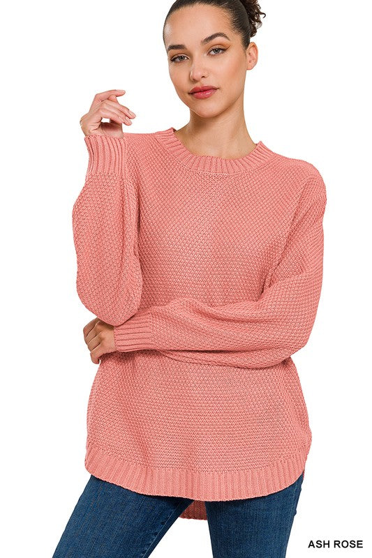 HI-LOW LONG SLEEVE ROUND NECK SWEATER