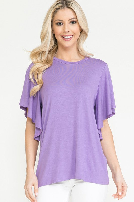 Plus Solid Short Butterfly Sleeve Round Neck Top