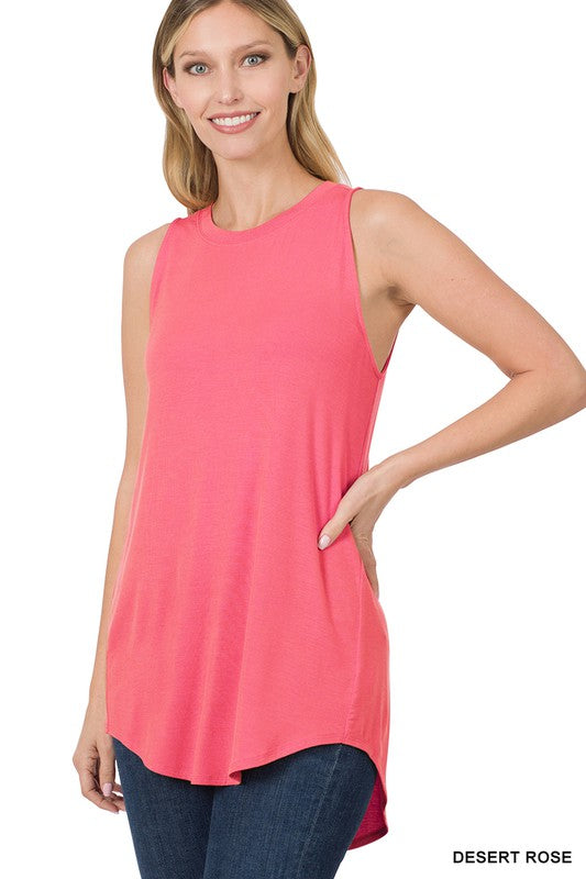 LUXE RAYON SLEEVELESS ROUND NECK HI-LOW HEM TOP