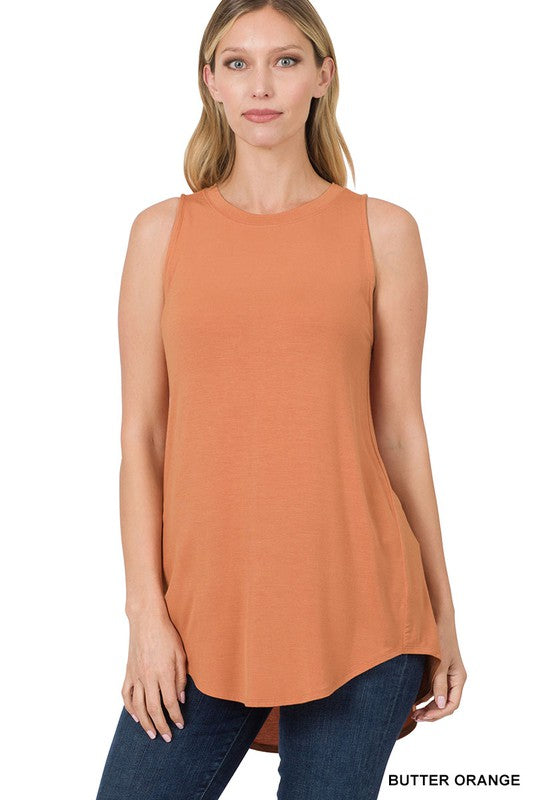 LUXE RAYON SLEEVELESS ROUND NECK HI-LOW HEM TOP