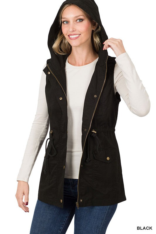 Drawstring Waist Military Hoodie Vest