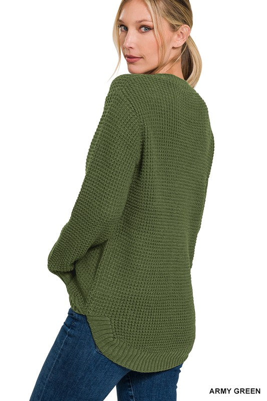 HI-LOW LONG SLEEVE ROUND NECK WAFFLE SWEATER