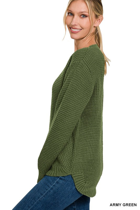 HI-LOW LONG SLEEVE ROUND NECK WAFFLE SWEATER