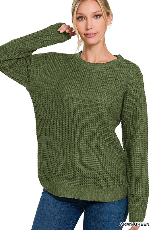 HI-LOW LONG SLEEVE ROUND NECK WAFFLE SWEATER