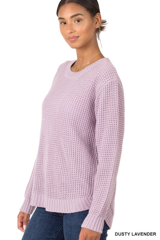 HI-LOW LONG SLEEVE ROUND NECK WAFFLE SWEATER