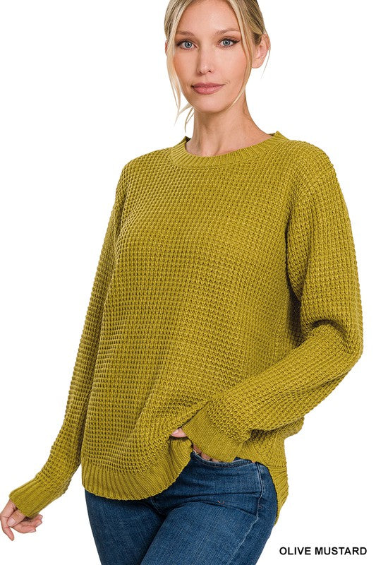 HI-LOW LONG SLEEVE ROUND NECK WAFFLE SWEATER