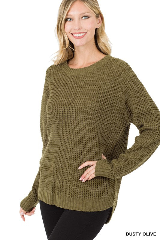 HI-LOW LONG SLEEVE ROUND NECK WAFFLE SWEATER