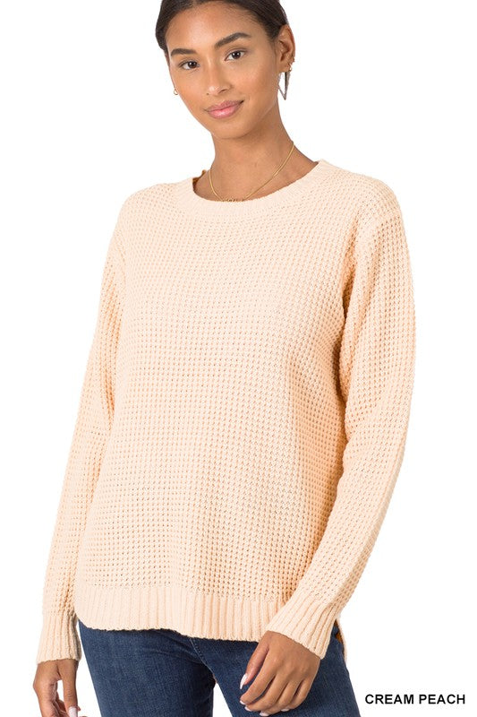 HI-LOW LONG SLEEVE ROUND NECK WAFFLE SWEATER