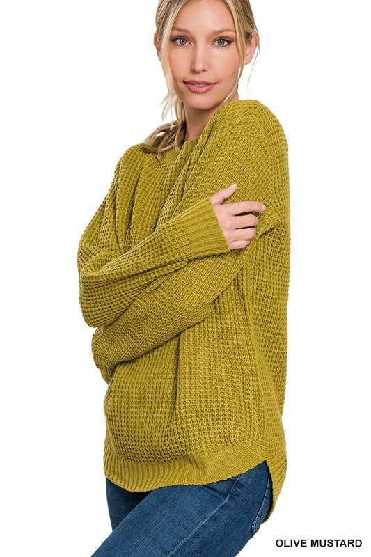 HI-LOW LONG SLEEVE ROUND NECK WAFFLE SWEATER