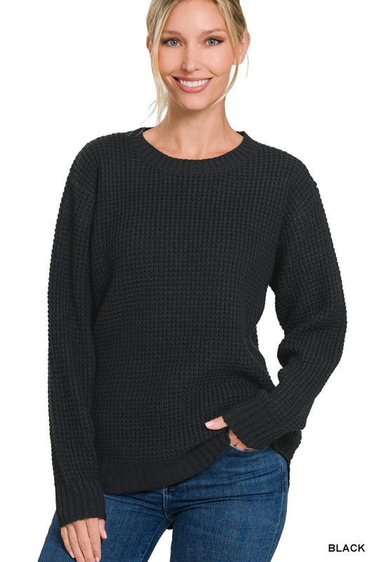 HI-LOW LONG SLEEVE ROUND NECK WAFFLE SWEATER