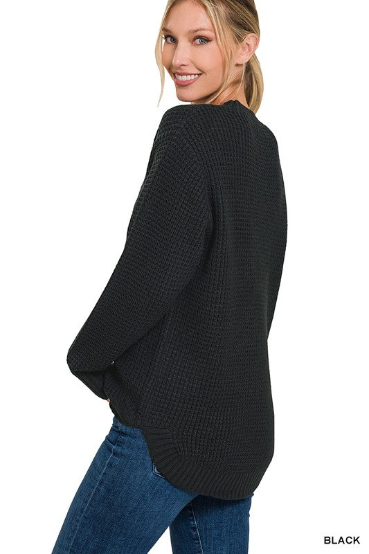 HI-LOW LONG SLEEVE ROUND NECK WAFFLE SWEATER