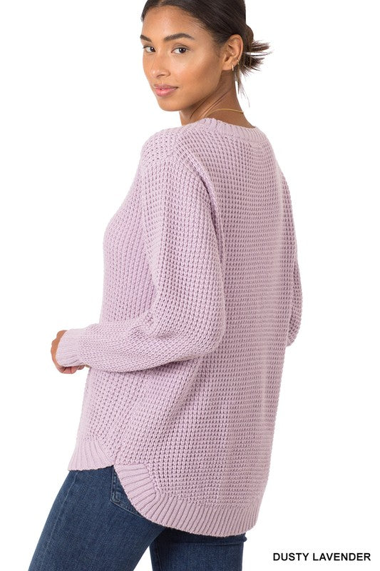 HI-LOW LONG SLEEVE ROUND NECK WAFFLE SWEATER