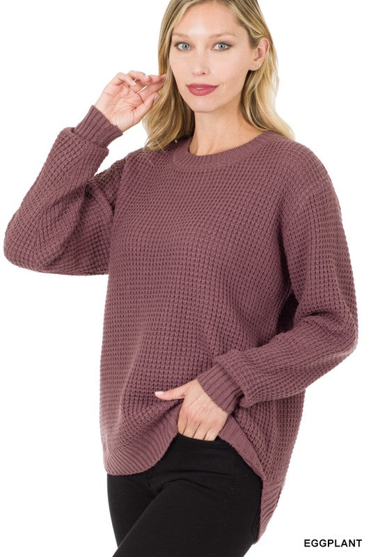 HI-LOW LONG SLEEVE ROUND NECK WAFFLE SWEATER