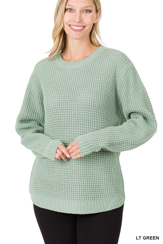 HI-LOW LONG SLEEVE ROUND NECK WAFFLE SWEATER