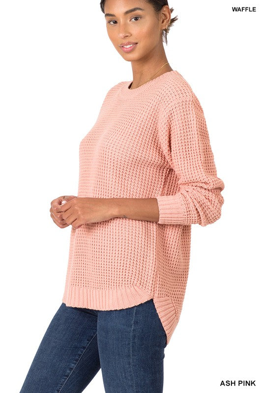 HI-LOW LONG SLEEVE ROUND NECK WAFFLE SWEATER