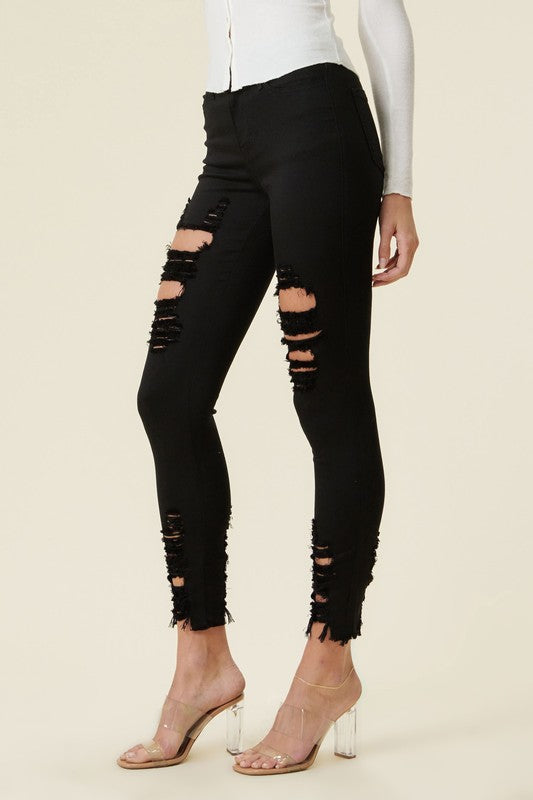 HIGH RISE DISTRESSED SKINNY W RAW HEM