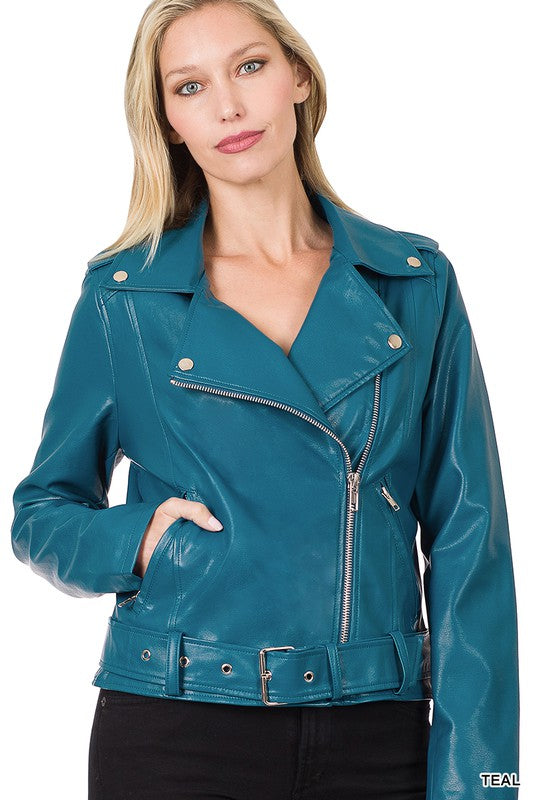 VEGAN LEATHER BELTED MOTO JACKET