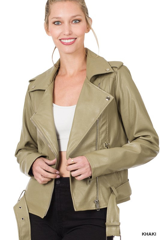 VEGAN LEATHER BELTED MOTO JACKET