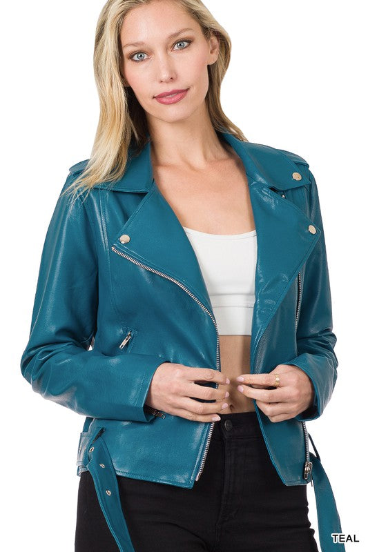 VEGAN LEATHER BELTED MOTO JACKET