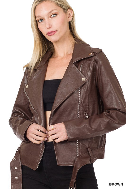 VEGAN LEATHER BELTED MOTO JACKET