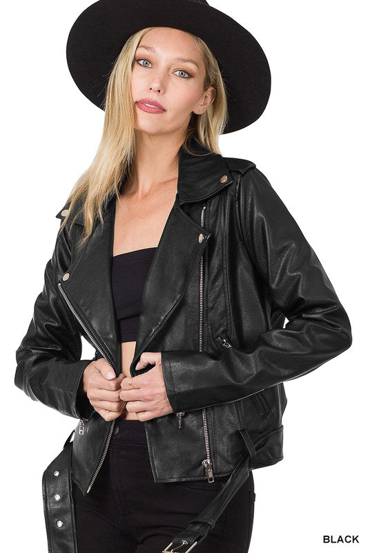 VEGAN LEATHER BELTED MOTO JACKET