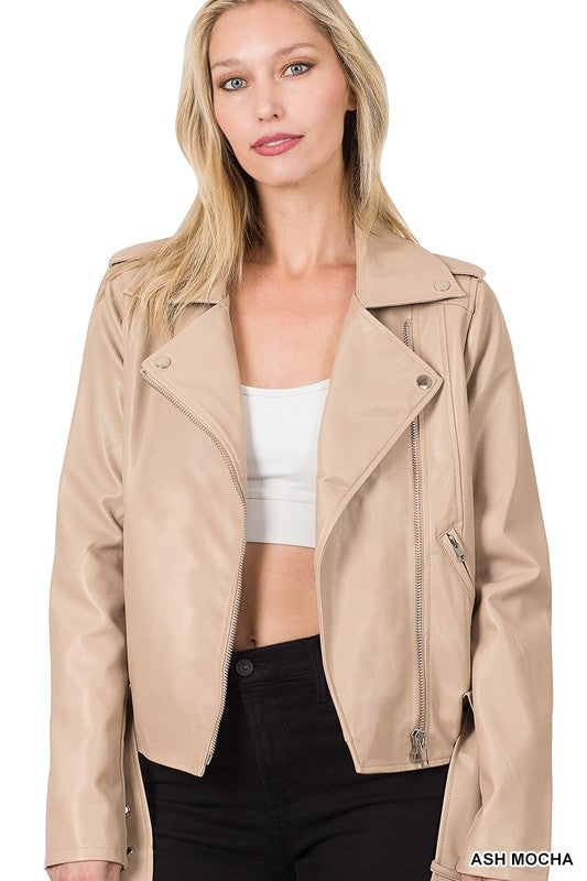 VEGAN LEATHER BELTED MOTO JACKET