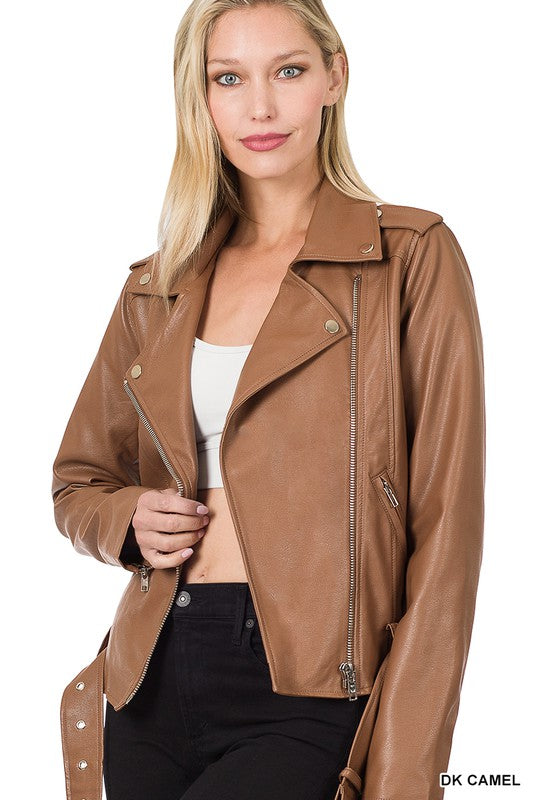 VEGAN LEATHER BELTED MOTO JACKET