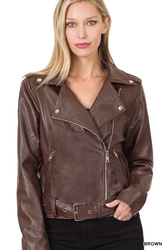 VEGAN LEATHER BELTED MOTO JACKET