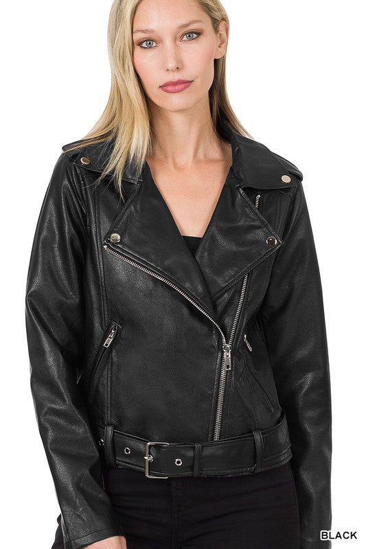 VEGAN LEATHER BELTED MOTO JACKET