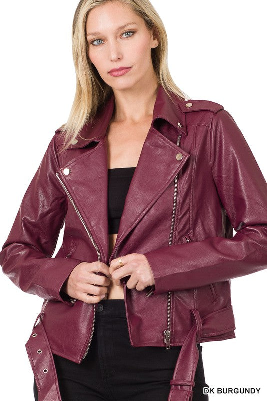 VEGAN LEATHER BELTED MOTO JACKET