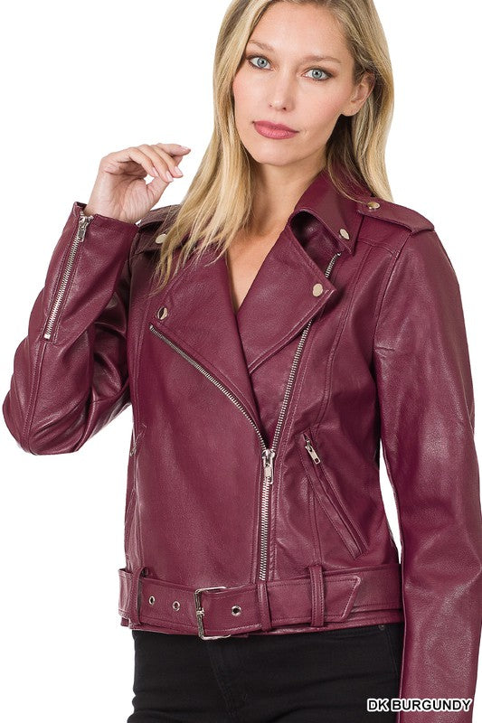 VEGAN LEATHER BELTED MOTO JACKET