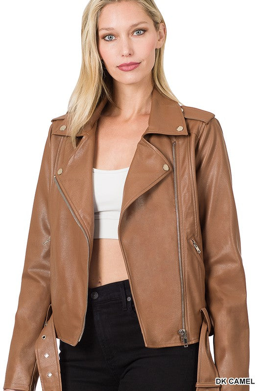 VEGAN LEATHER BELTED MOTO JACKET