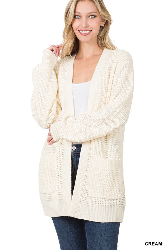 LOW GAUGE WAFFLE OPEN CARDIGAN SWEATER