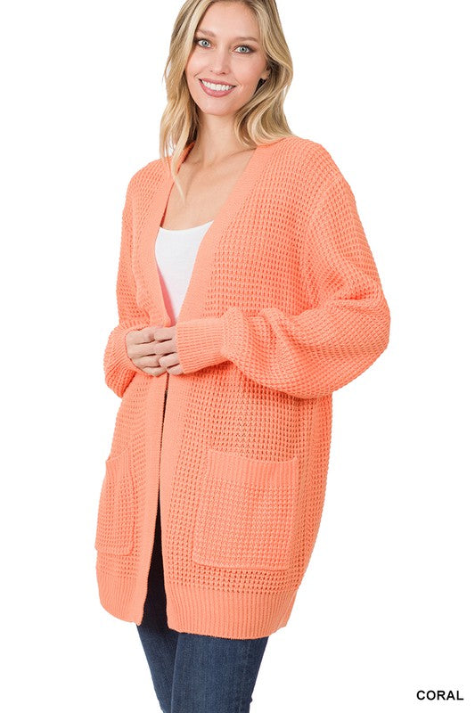 LOW GAUGE WAFFLE OPEN CARDIGAN SWEATER