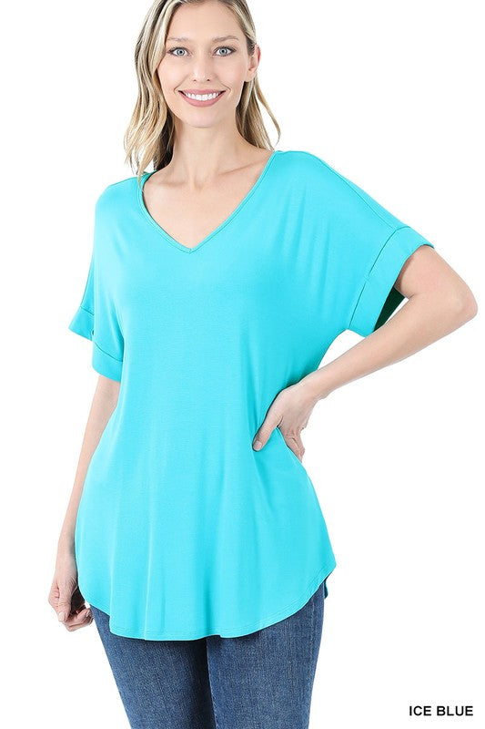 LUXE RAYON SHORT CUFF SLEEVE V-NECK ROUND HEM TOP