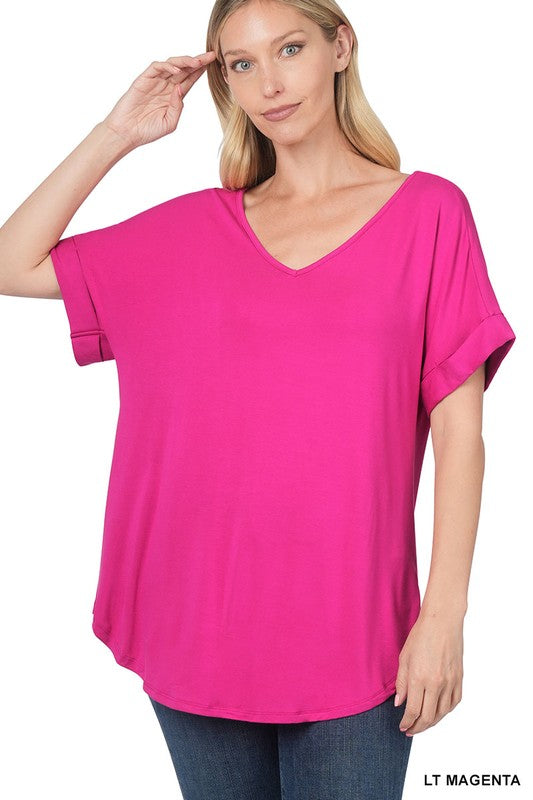 LUXE RAYON SHORT CUFF SLEEVE V-NECK ROUND HEM TOP