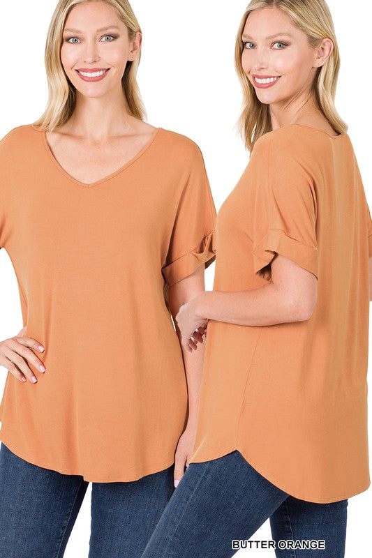 LUXE RAYON SHORT CUFF SLEEVE V-NECK ROUND HEM TOP