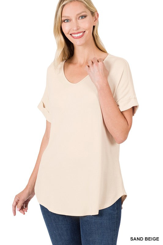 LUXE RAYON SHORT CUFF SLEEVE V-NECK ROUND HEM TOP