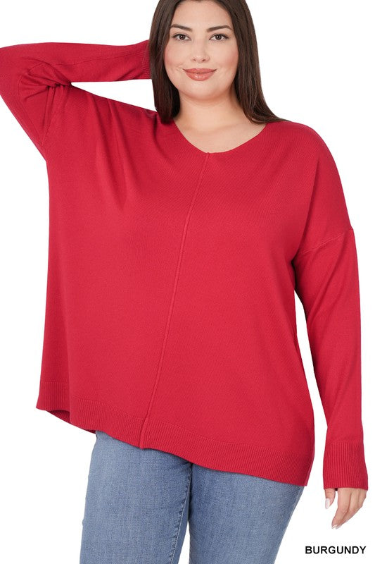 PLUS HI-LOW GARMENT DYED FRONT SEAM SWEATER