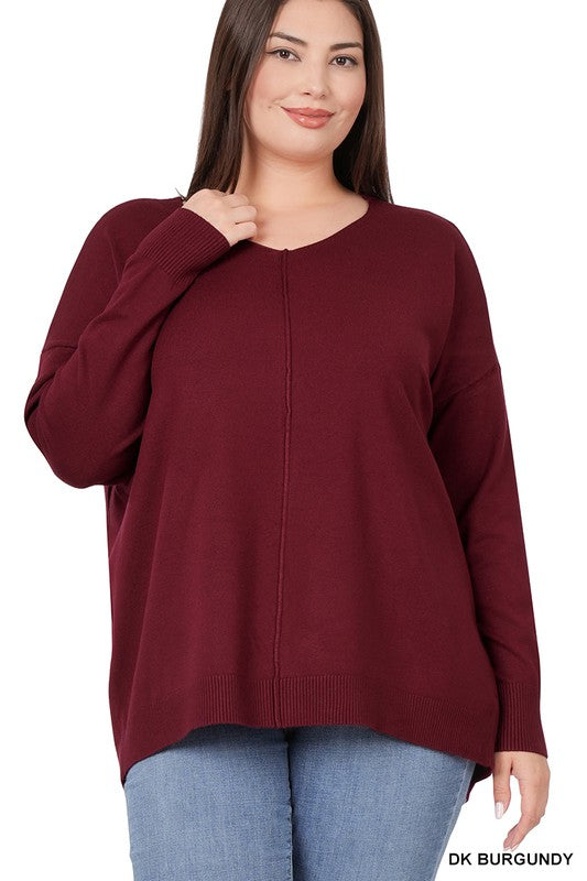 PLUS HI-LOW GARMENT DYED FRONT SEAM SWEATER