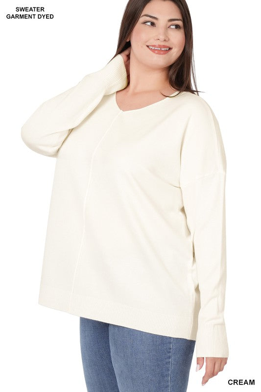 PLUS HI-LOW GARMENT DYED FRONT SEAM SWEATER