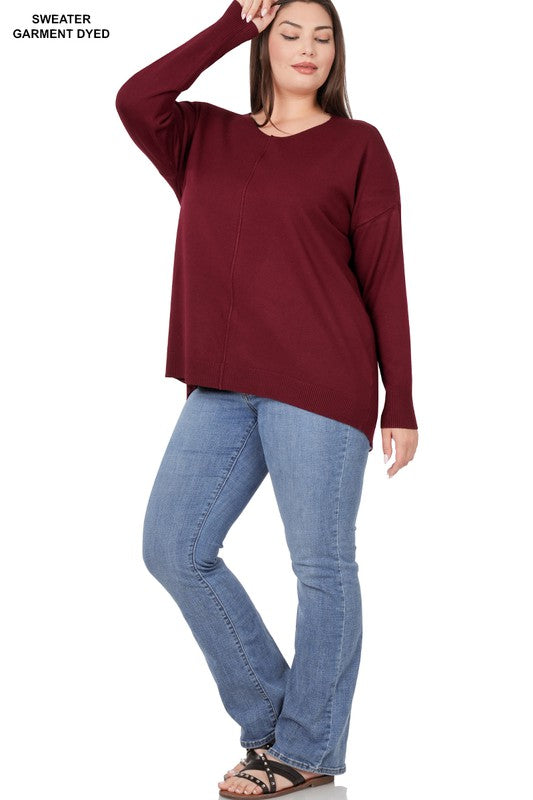 PLUS HI-LOW GARMENT DYED FRONT SEAM SWEATER