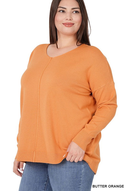 PLUS HI-LOW GARMENT DYED FRONT SEAM SWEATER