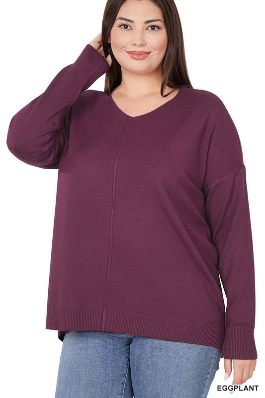 PLUS HI-LOW GARMENT DYED FRONT SEAM SWEATER