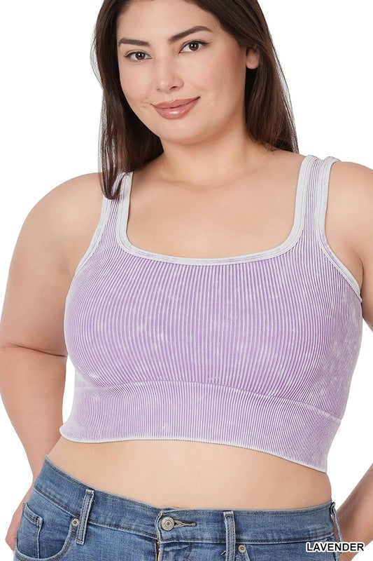 PLUS WASHED RIBBED SQUARE NECK CROPPED TANK TOP