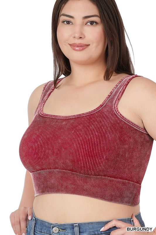 PLUS WASHED RIBBED SQUARE NECK CROPPED TANK TOP