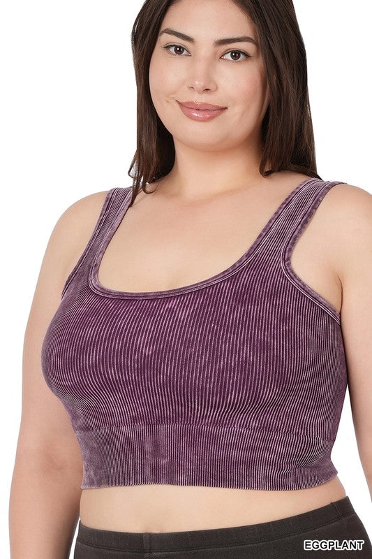 PLUS WASHED RIBBED SQUARE NECK CROPPED TANK TOP