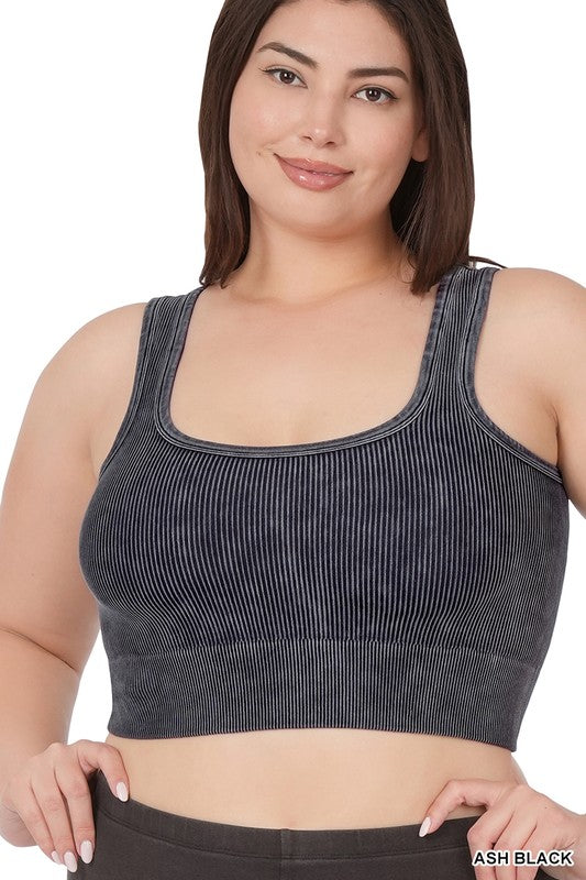 PLUS WASHED RIBBED SQUARE NECK CROPPED TANK TOP