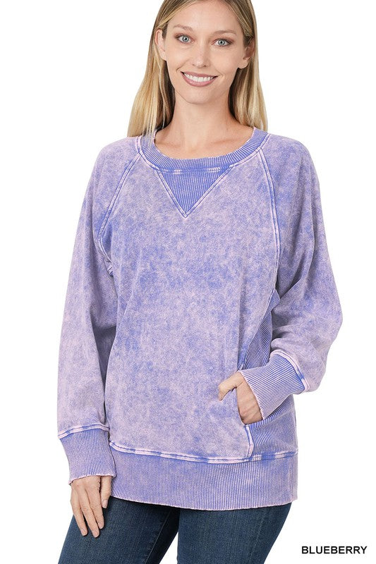ACID WASH ROUND NECK PULLOVER WITH POCKETS